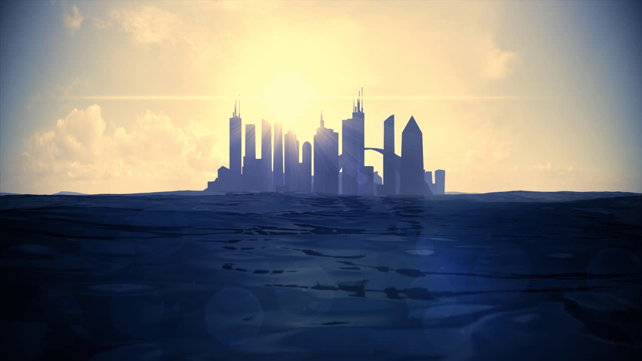 Cityscape skyline ocean rising sea level silhouette skyscraper future island 4k