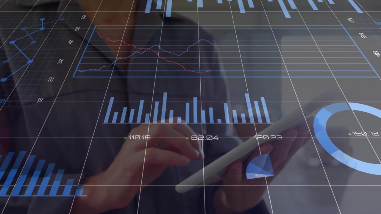 Woman holding tablet, tapping, swiping, analyzing business data while 3D grid and charts expanding