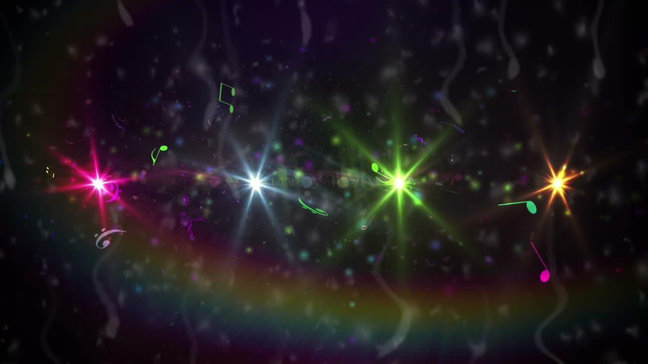 animación de notas y puntos de luz sobre rastros de luz sobre fondo negro