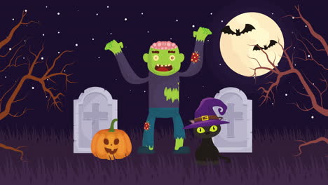 escena oscura de halloween con zombies en el cementerio
