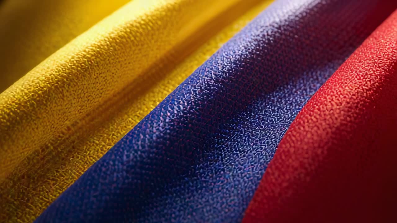 Tessuto tricolore drappeggiato che si sposta mentre la camera lo segue, mostrando la trama intrecciata in studio per uno studio della texture