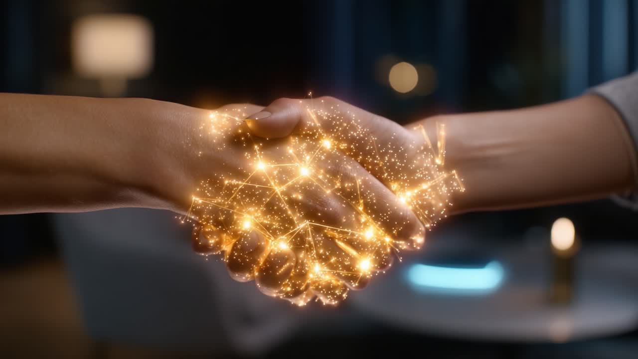 A Captivating Moment of Connection: Two Hands Engaging in a Dynamic Handshake, Illuminated by a Glowing Network of Stars and Energy, Symbolizing Unity and Partnership