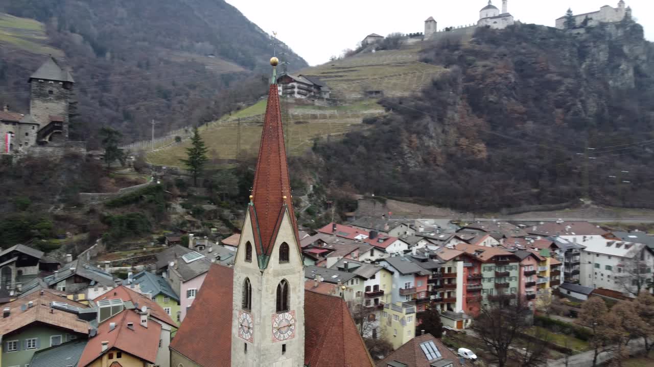 City skyline of Klausen, South Tyrol, Italy. Aerial view