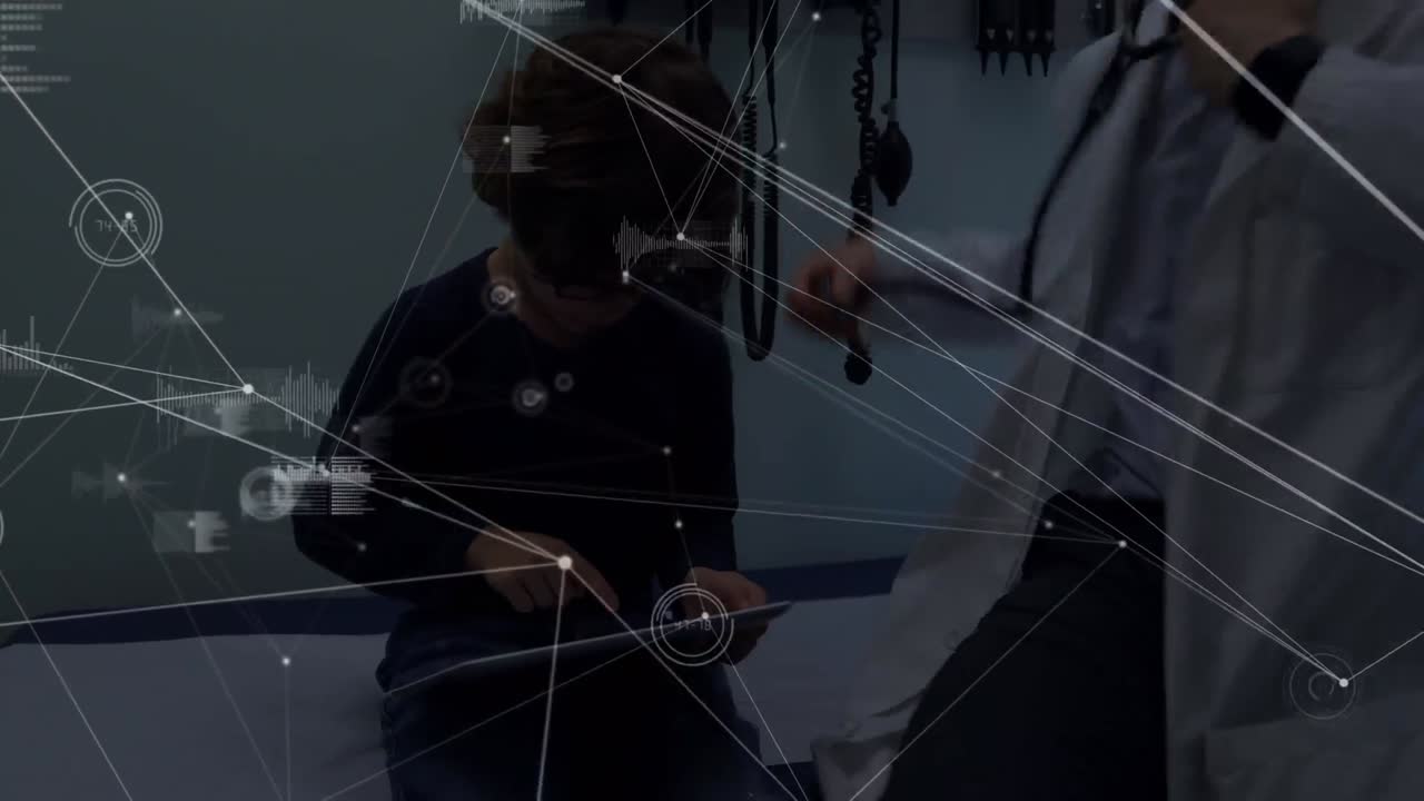 연결 네트워크의 활성화와 데이터 처리 두 인종의 남성 의사 검사 어린이