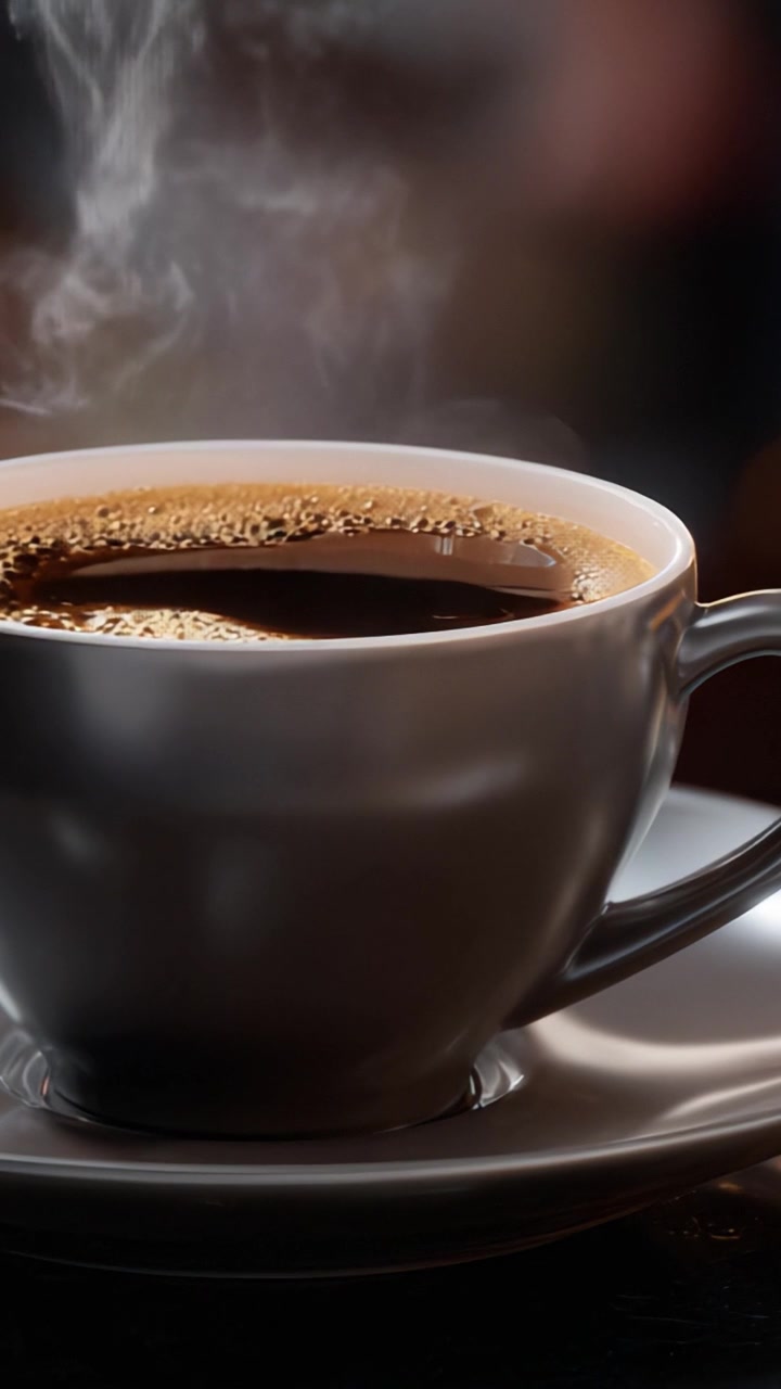 Elegant nærbillede af en dampende kaffekop med rig mørk bryg, der viser aromaen og teksturen af friskbrygget kaffe i en hyggelig atmosfære