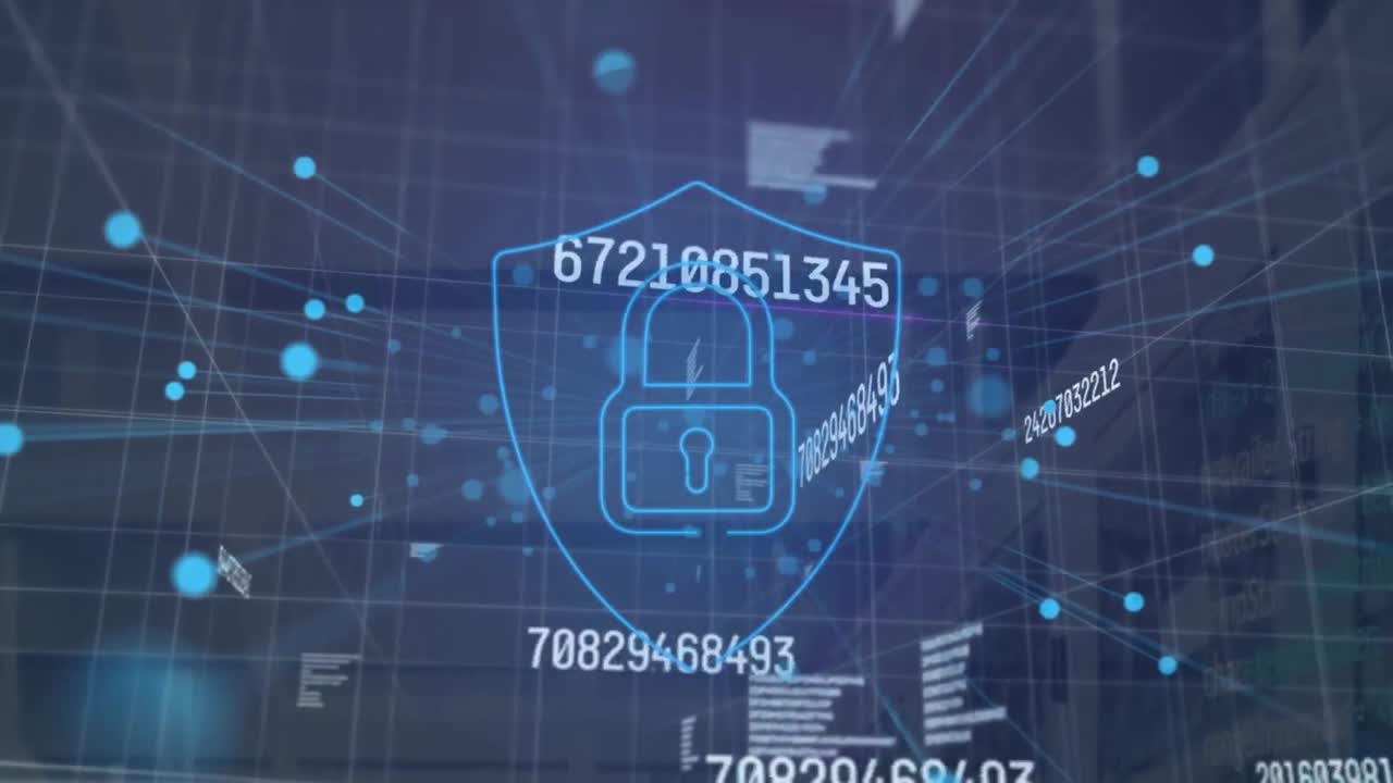 animación de puntos azules y números cambiantes sobre el icono del candado de seguridad contra la sala del servidor