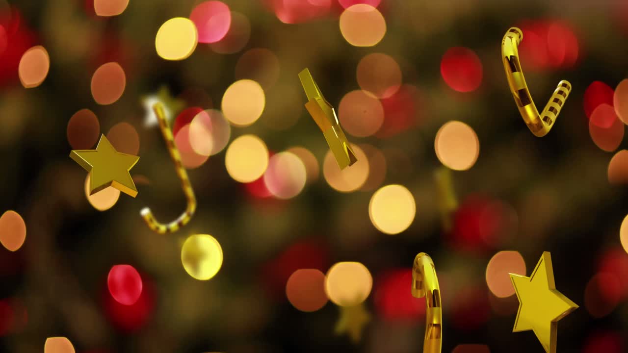 animación de estrellas de oro de navidad y bastones de caramelo cayendo sobre las luces de hadas parpadeantes.