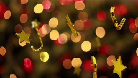 animation of christmas gold stars and candy canes falling over flickering fairy lights