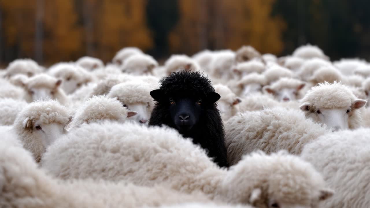 A striking contrast captivates the viewer as a solitary black sheep stands out amid a sea of white sheep, illustrating themes of uniqueness and individuality in nature