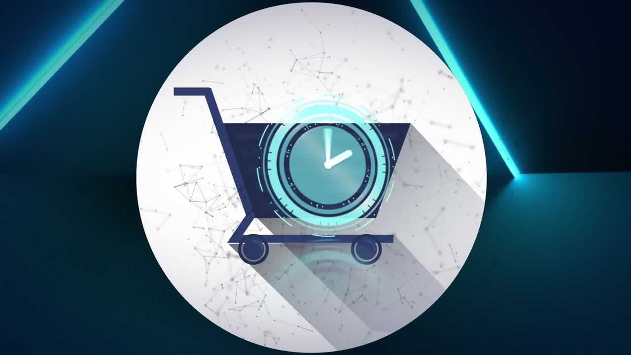 animação do relógio, sobre a rede de conexões, código qr e carrinho de compras