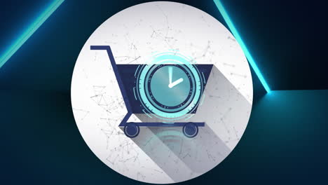 animación del reloj, a través de la red de conexiones, código qr y carrito de compras