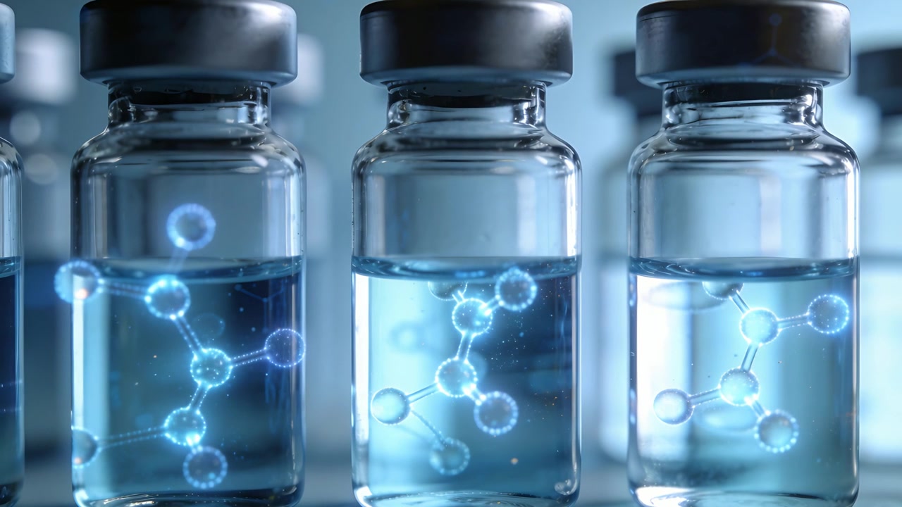 Light shimmer causing blue molecules rotating and specks drifting in 3 metal-cap vials on lab bench