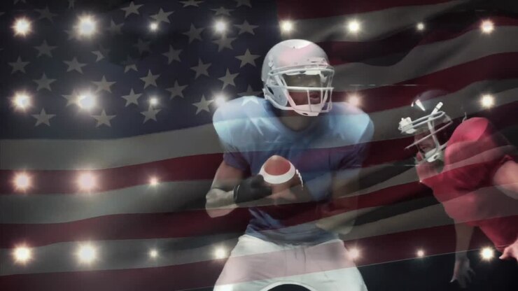 Jugador de fútbol americano siendo tackleado con una bandera de Estados Unidos en primer plano