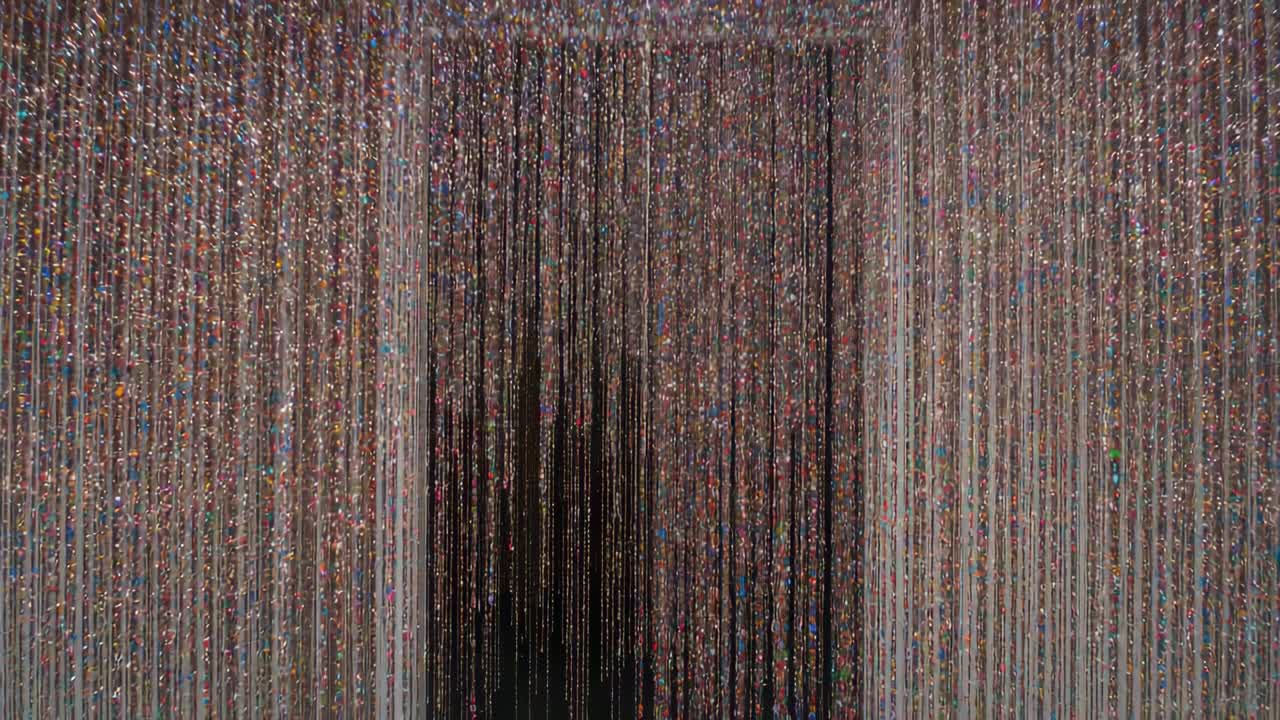 Flickering light making beaded curtain shimmering and shifting inside doorway showing dark gap