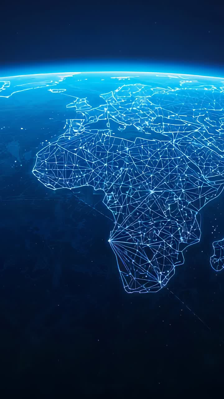 Vertical video: Animating Africa network map in orbit, rise causing nodes glowing near blue horizon