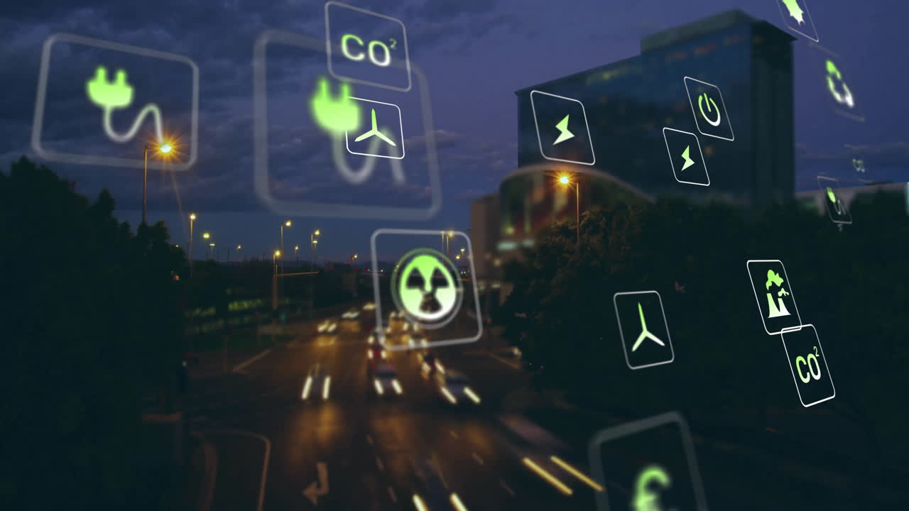 도시 풍경 위의 생태 아이콘 네트워크의 애니메이션