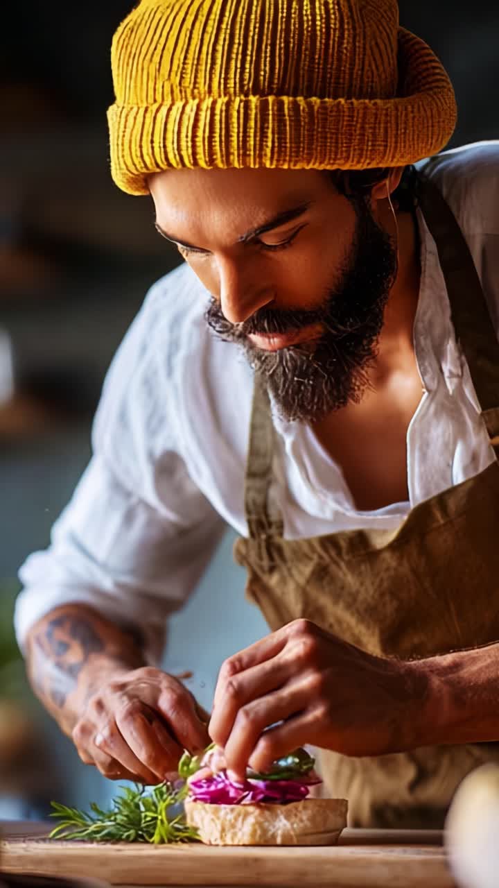 Un abile chef che decora meticolosamente un piatto colorato con erbe aromatiche e verdure fresche, mettendo in mostra la creatività culinaria e l'attenzione ai dettagli in un'accogliente cucina