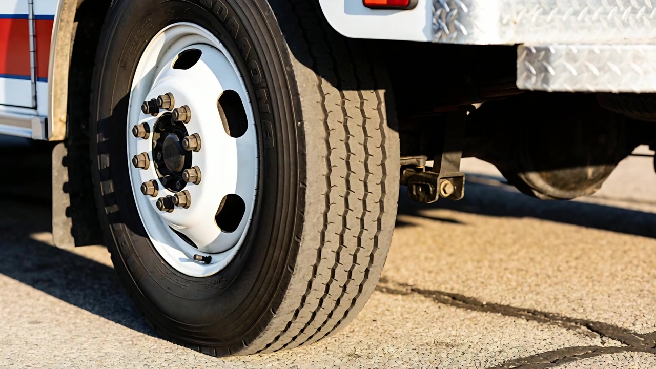 Filming camera capturing truck wheel as sunlight shifts in parking lot, with steel rim lug nuts
