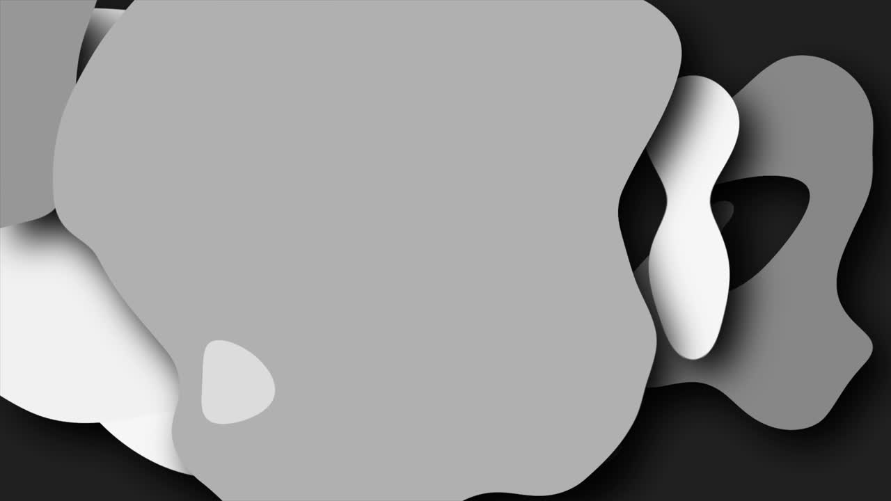 2D animated swirling blobs and circles on a dark background with dynamic twisting abstract motion graphics painting style splotches and squiggles moving hypnotic visual effects colour grey white