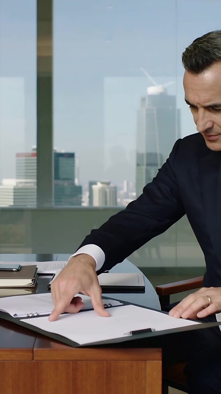 Vídeo vertical: Abrindo uma pasta preta, homem de terno folheando um fichário no escritório, revisando, com espaço para texto.