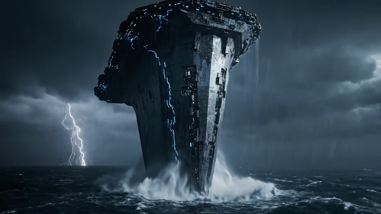 Futuristic Ship in Stormy Ocean