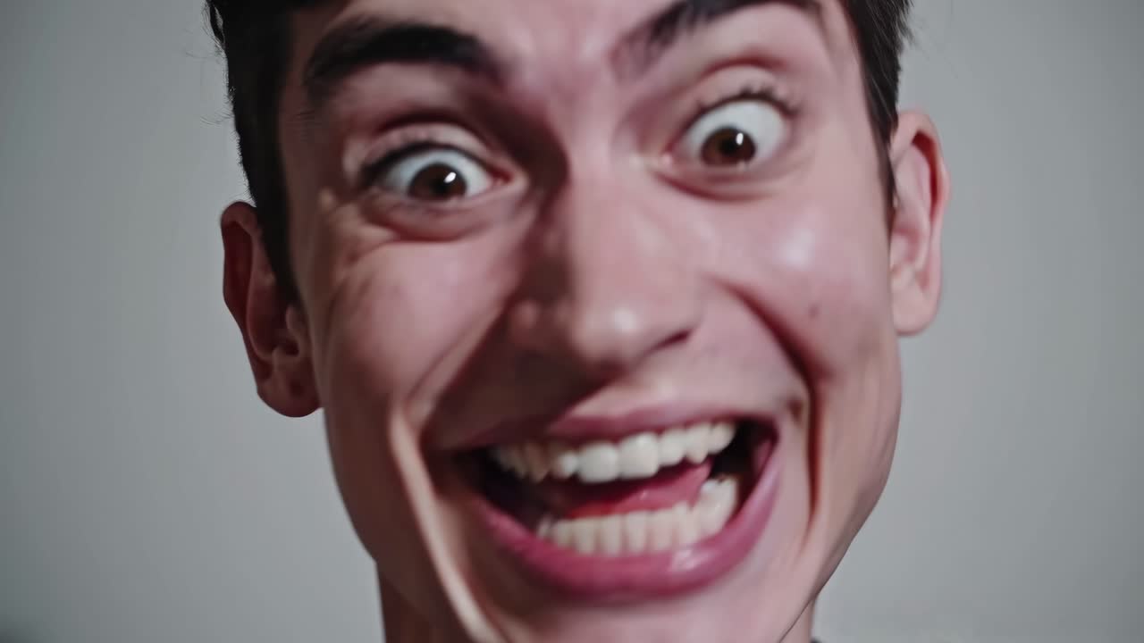 Close-up video shot of a person expressing intense emotion with a dramatic facial expression