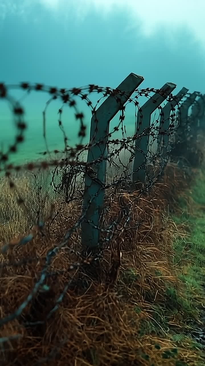 Misty path by barbed wire in a field. A muddy path runs alongside a barbed wire fence in a foggy rural landscape during an early morning.