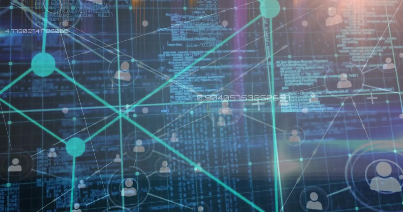 Animation of network of profile icons and data processing over light spot on blue background