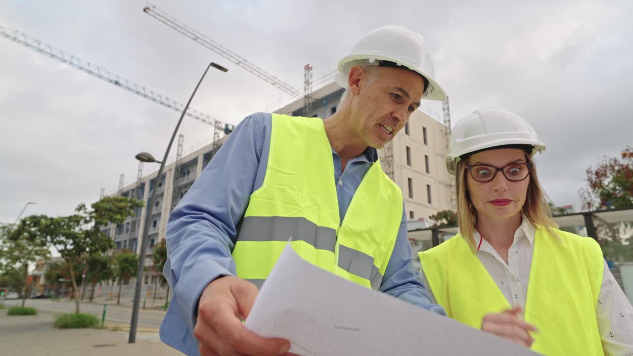 Construction Workers Reviewing Blueprints at Construction Site