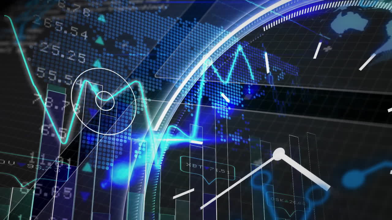 Digital animation of financial data with world map overlay in glowing blue graphs