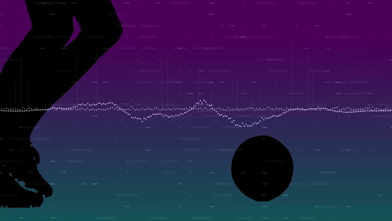 Animation of digital wave and circle with person silhouette on gradient background