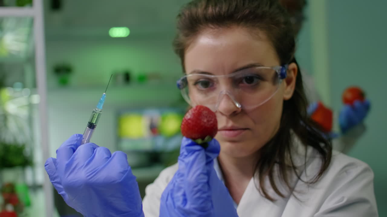 Closeup of biochemist researcher injecting healthy strawberry with dna liquid