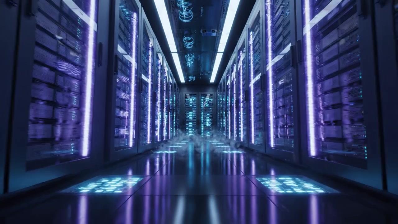 Dynamic Data Center Environment: A Glimpse into the High-Tech World of Server Racks with a Futuristic Glow and Evocative Steam Effects Representing Modern Computing Infrastructure