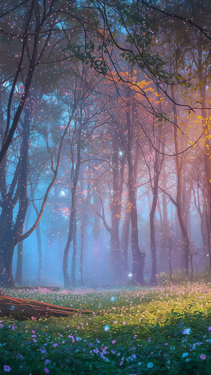Vertical video: Pouring warm light lighting tall trees in misty wood as dawn breaks, revealing log