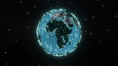 animation of glowing blue mesh of connections spinning over globe on black background
