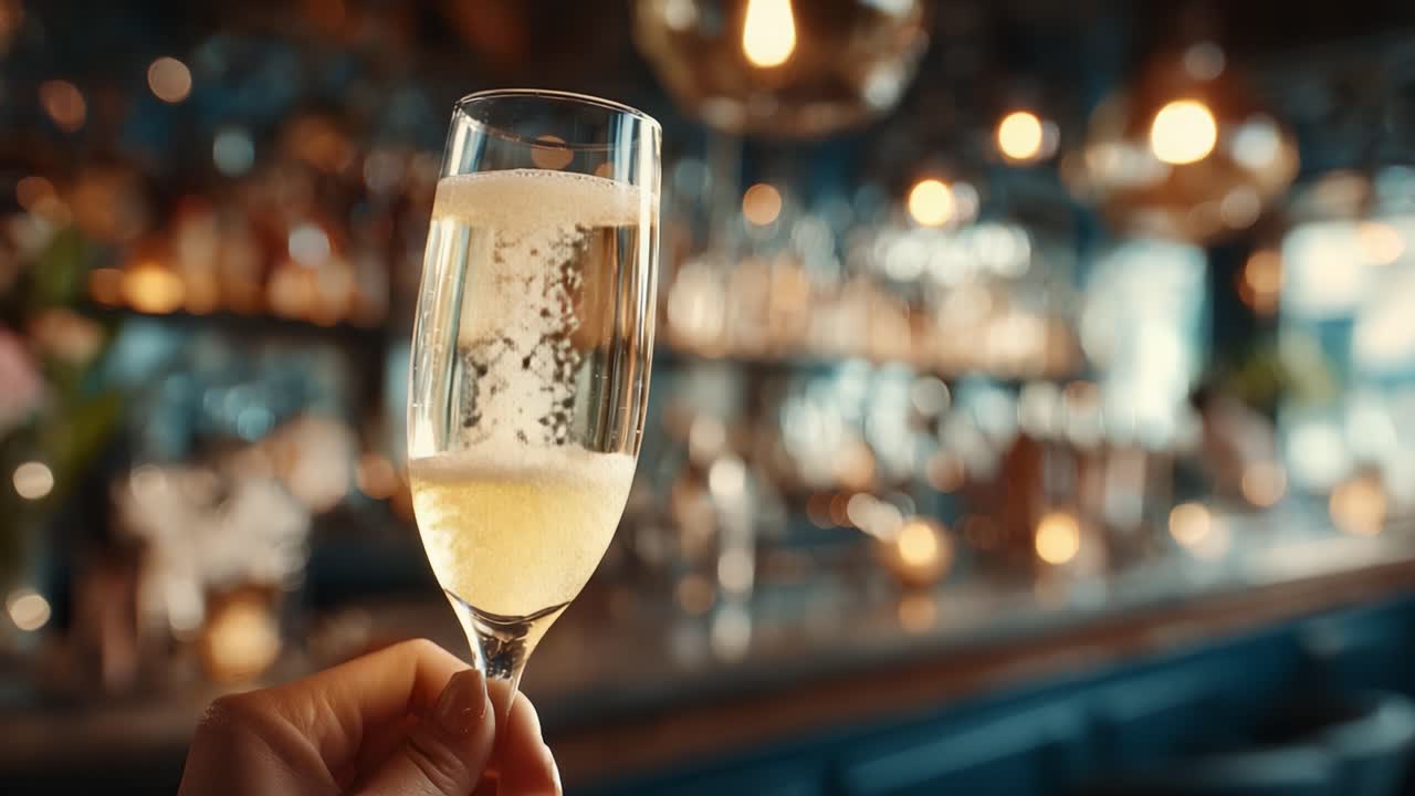 Brindisi celebrativo con bevanda frizzante in atmosfera elegante: un primo piano di un calice di champagne pieno di bollicine e illuminazione calda e soffusa sullo sfondo