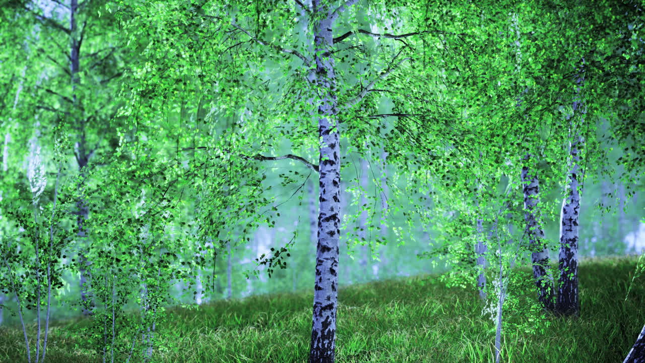 Lush green forest glimmers with sunlight during a serene summer afternoon