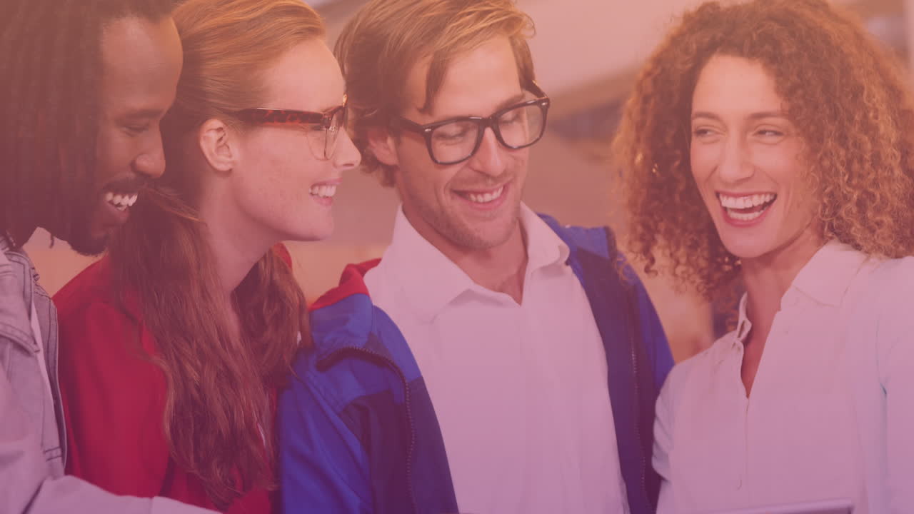 Animation of diverse group of friends smiling and using tablet