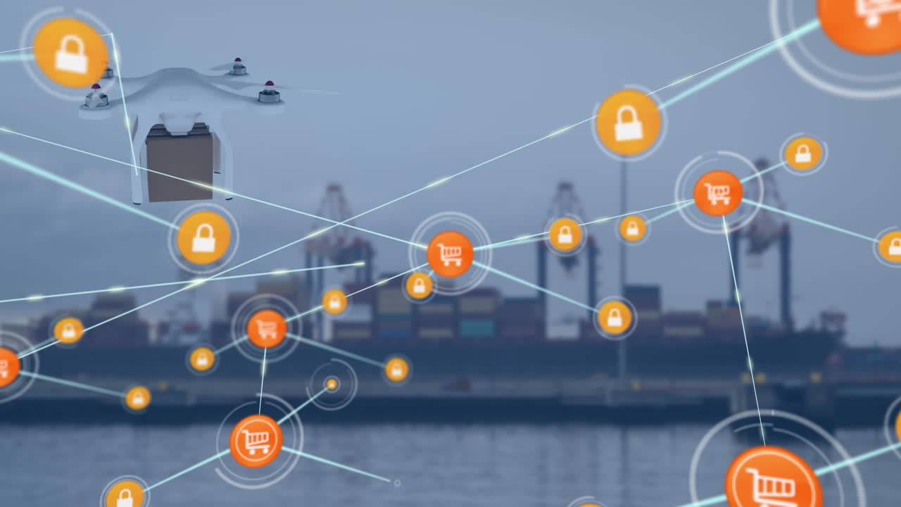 연결 네트워크의 애니메이션과 조선소 위의 디지털 드론