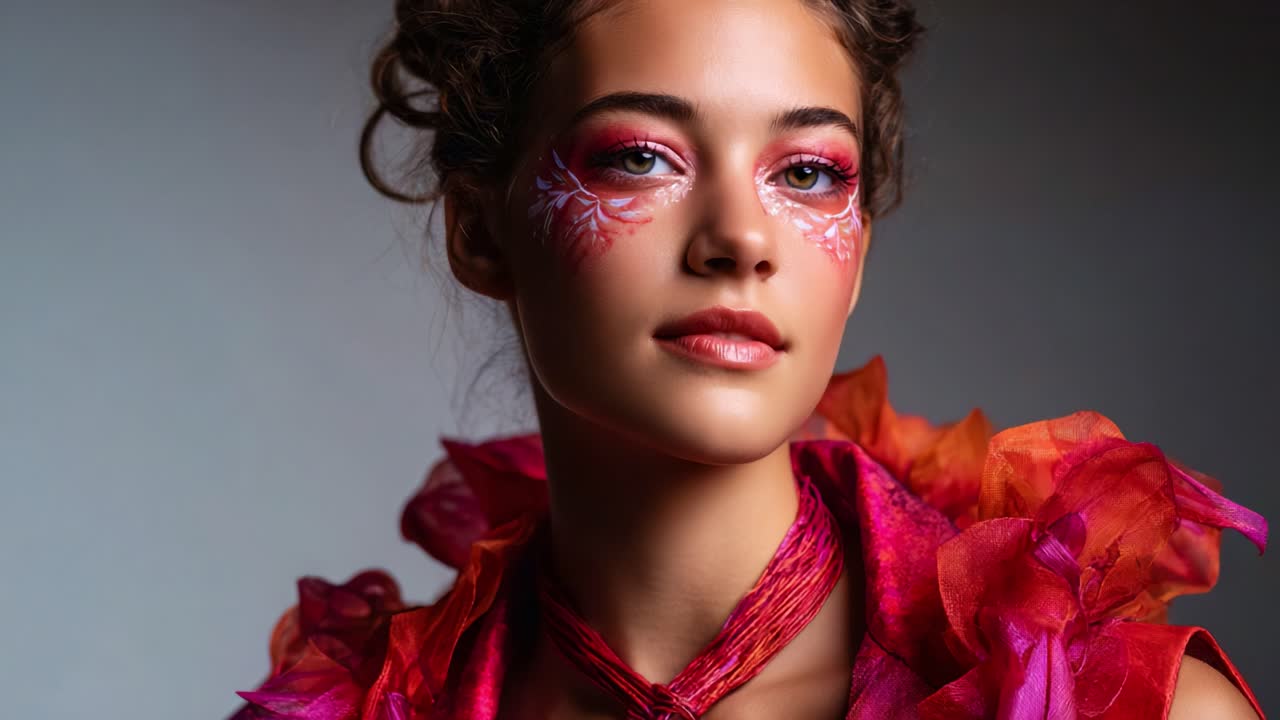 A Captivating Close-Up of a Model in Colorful Makeup and Dramatic Fashion with Floral Accents, Showcasing Beauty and Artistry in Striking Detail