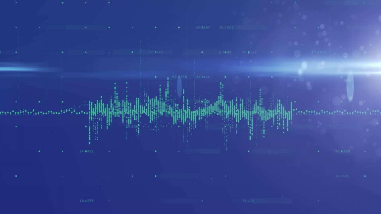 파란색 배경에 주식 시장과 밝은 점과 함께 데이터 처리의 애니메이션