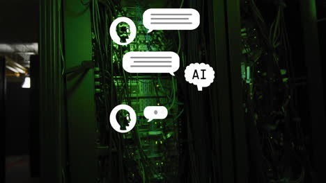 ai conversation bubbles animation over server room with green lighting