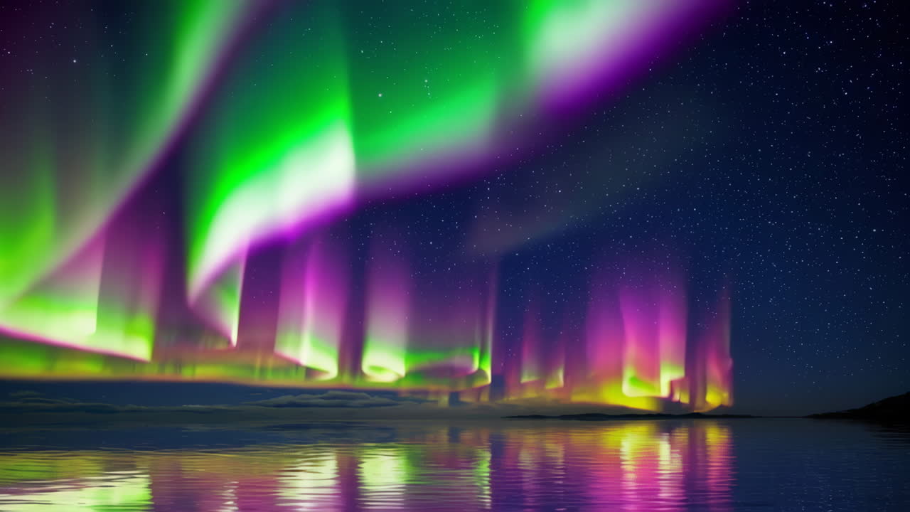 Vibrant Northern Lights Reflected on Water at Night