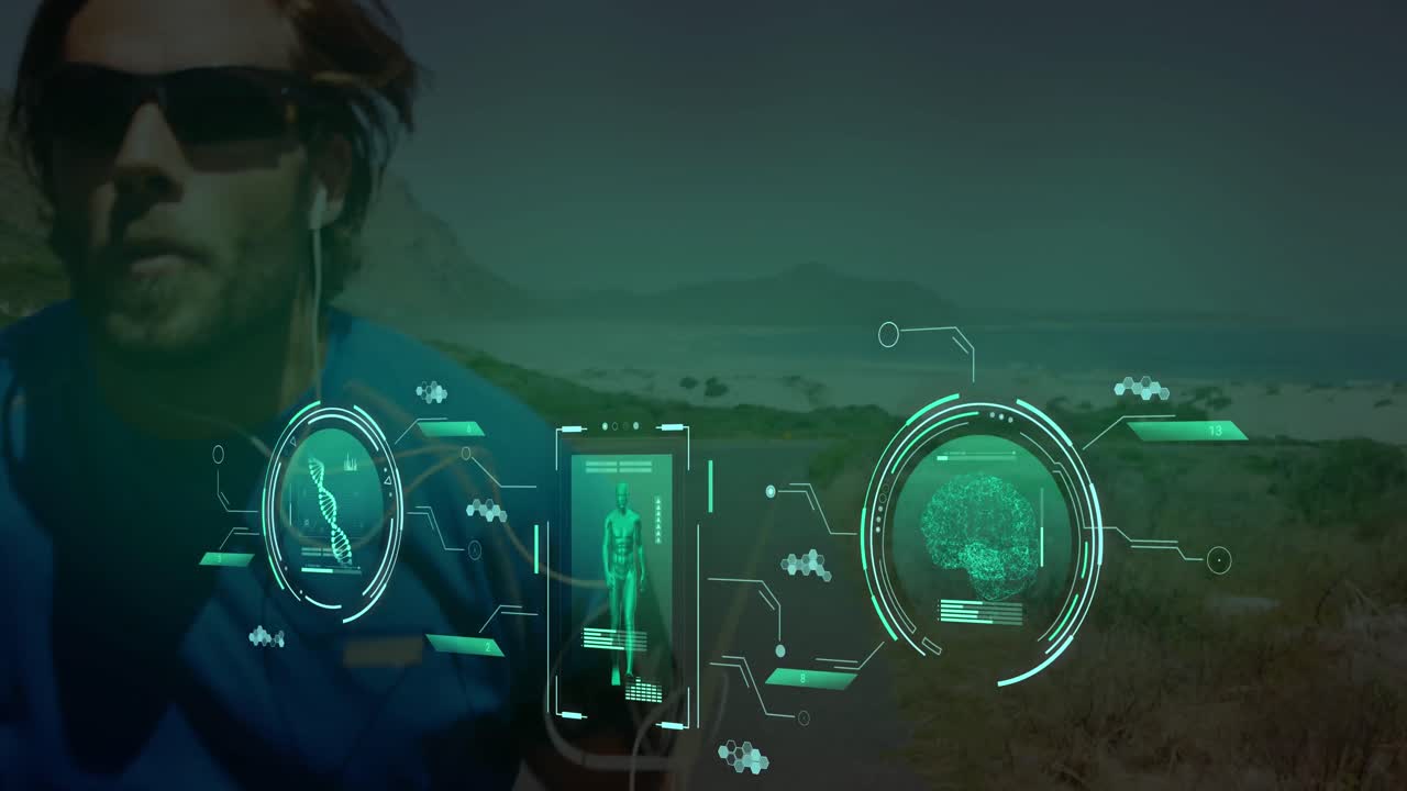 animación del procesamiento de datos sobre el hombre caucásico corriendo.