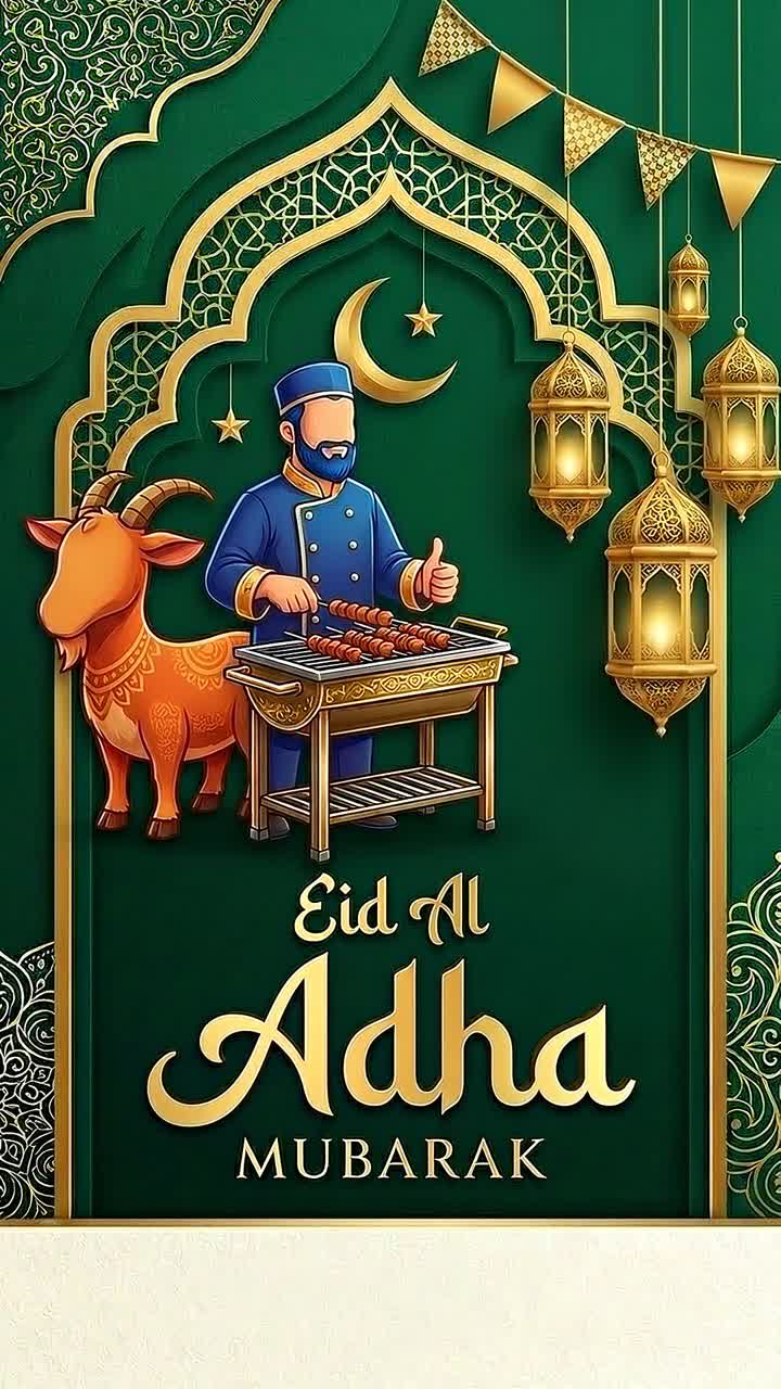 Animazione di auguri per Eid al-Adha con uno chef che griglia kebab accanto a una capra e lanterne dorate appese su sfondo decorativo.