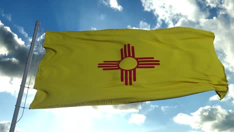 new mexico flag on a flagpole waving in the wind, blue sky background. 4k