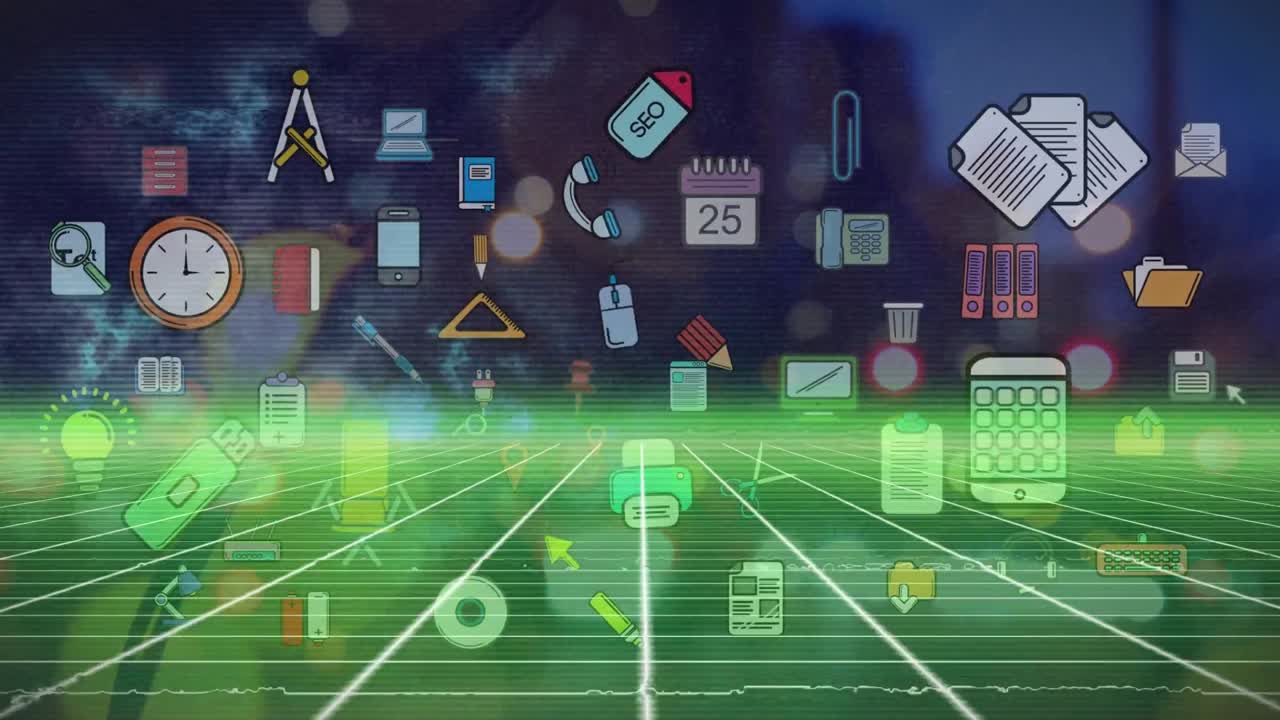 푸른 배경에 대해 녹색 그리드 네트워크를 통해 여러 디지털 아이콘의 애니메이션