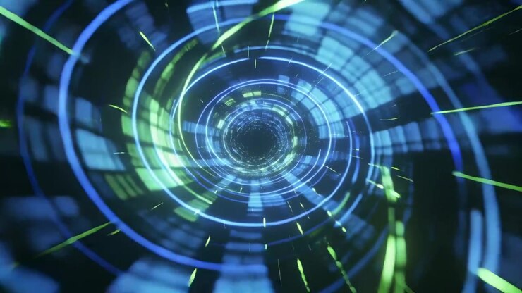 Advancing frame rotating tunnel moving inward in void evoking motion blue-green rings tiles streaks