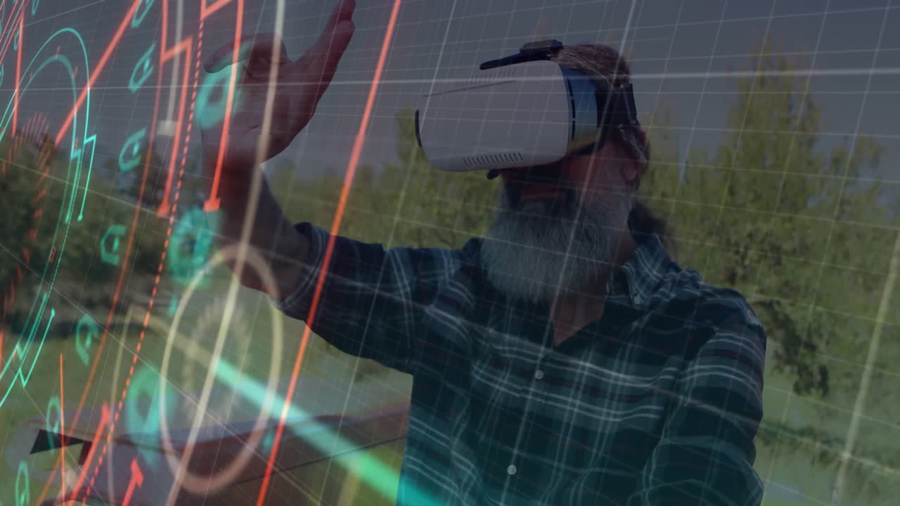 escaneo de alcance de neón sobre la red de red contra un hombre mayor caucásico que usa auriculares vr mientras conduce