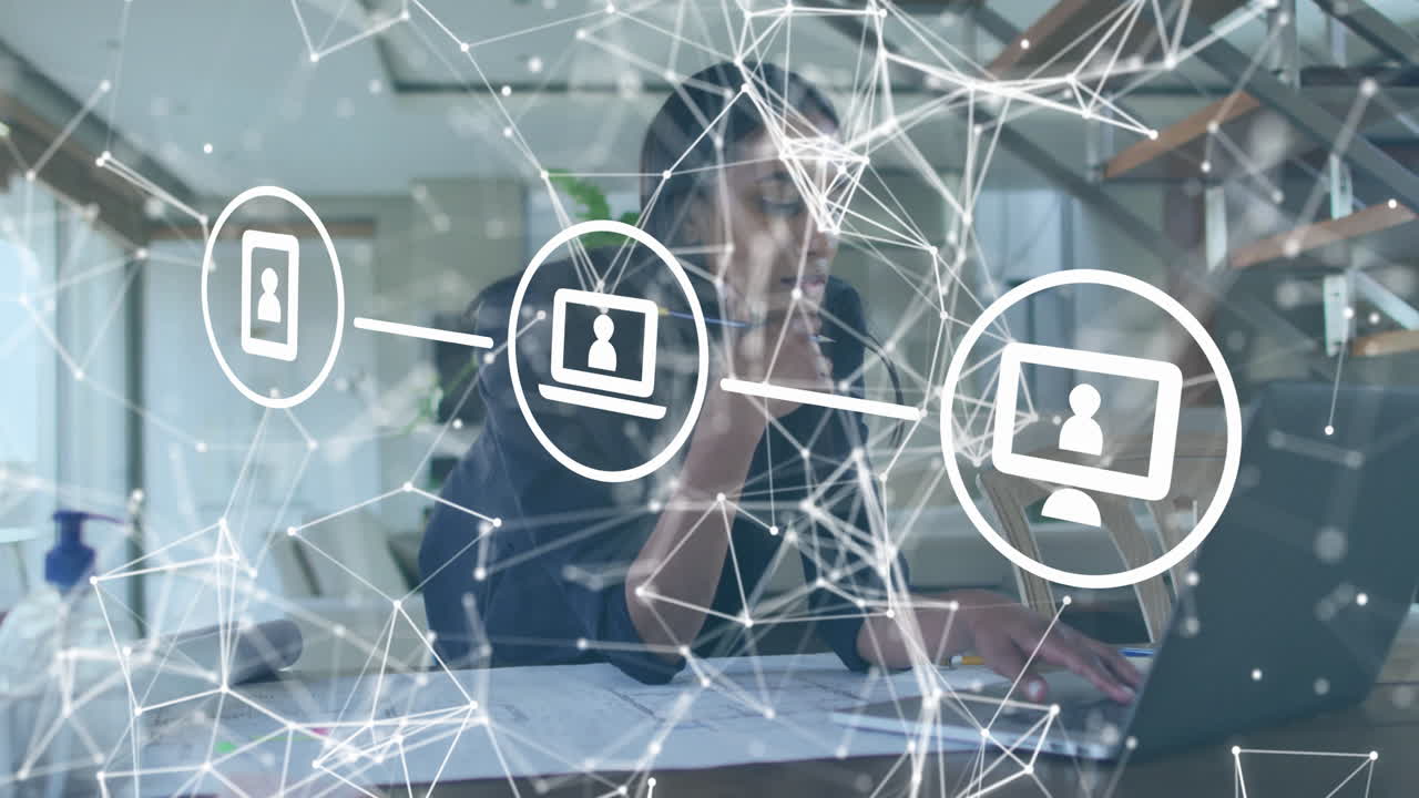 Network of connections and data processing animation over person working at desk